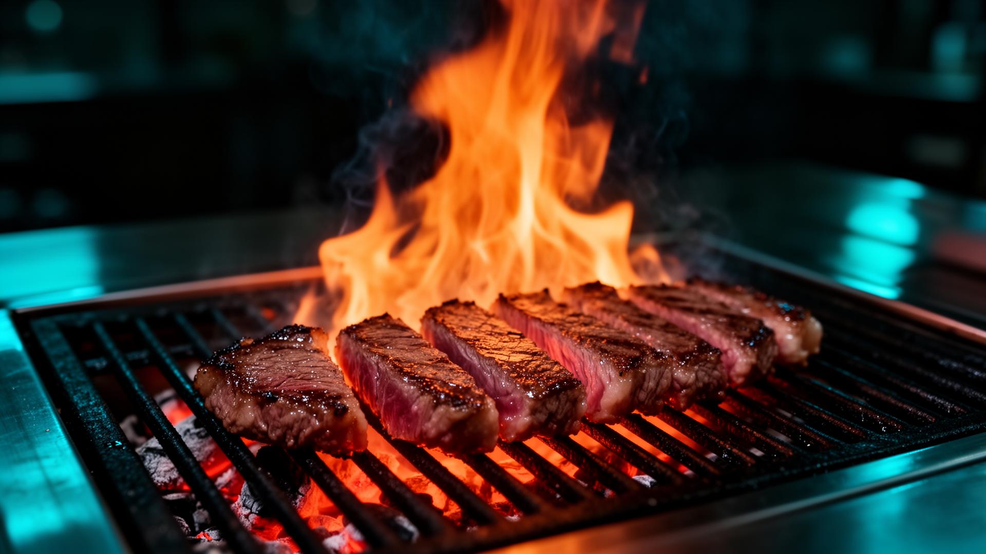 Hibachi grill flames searing fresh steak