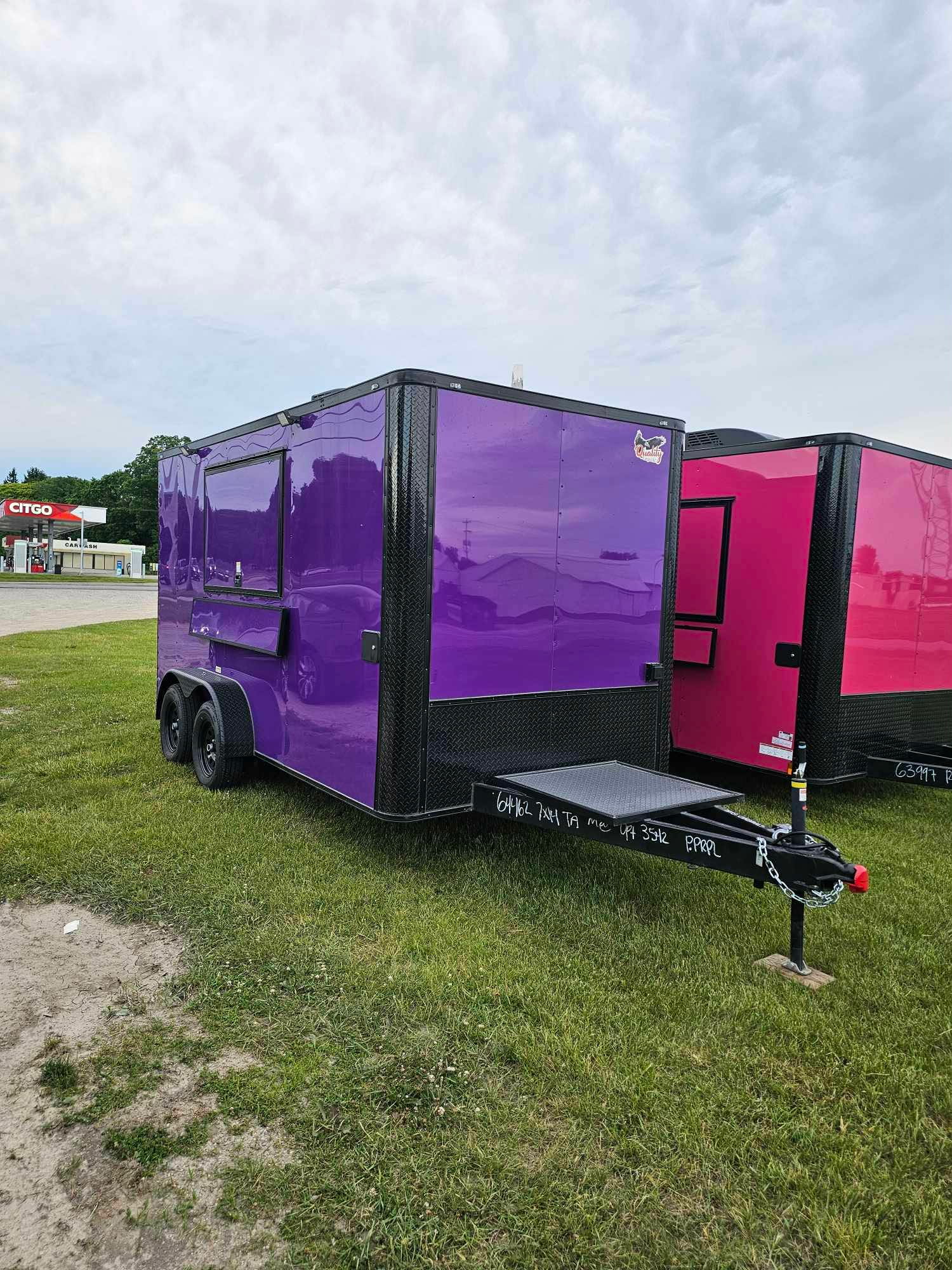 Glossy purple and pink concession trailers ready for custom hibachi build-outs